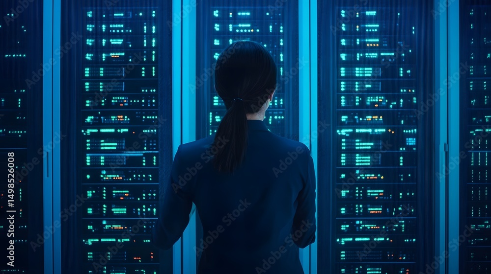 Poster worker inspecting control panel in data center