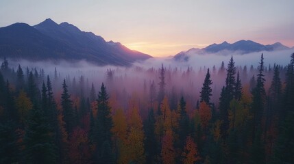 Obraz premium Misty mountain valley at autumn sunset