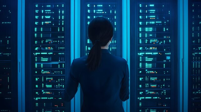 Worker inspecting control panel in data center