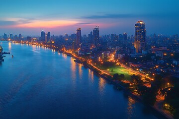 Fototapeta premium Evening city skyline illuminated by street lights along the river with beautiful dusk skies