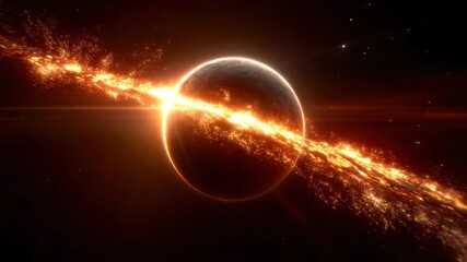 Fiery glowing ring of molten lava encircles dark rocky planet in outer space with bright sparks, creating intense cosmic scene full of energy and light. - Powered by Adobe