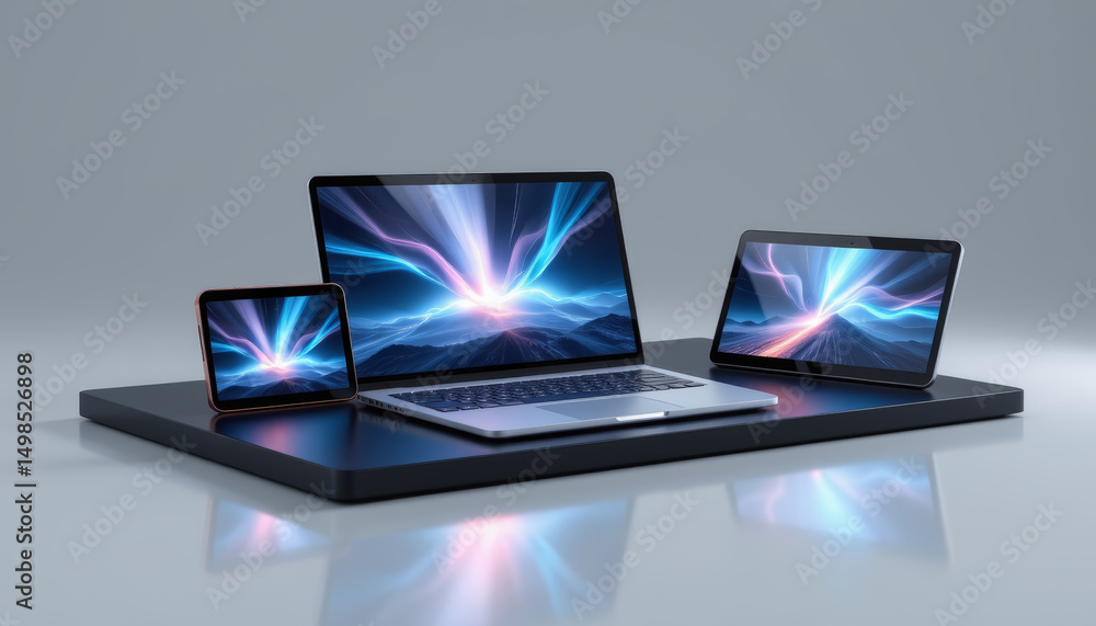 Poster sleek digital devices on modern surface with vibrant light effects create captivating scene