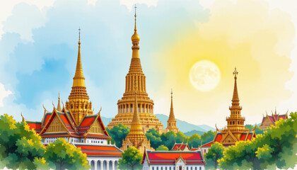 Fototapeta premium Vibrant watercolor painting of Bangkok grand temples, showcasing intricate architecture