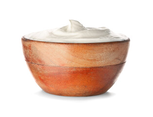 Wooden bowl of tasty yogurt on white background