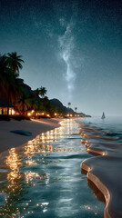 Fototapeta premium Starlit beach view at night with shimmering waters and palm trees along the coastline