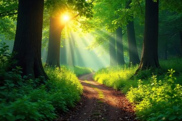 Obraz premium Sun-drenched forest path winds through lush greenery, dappled sunlight filtering through leaves, creating a magical summer scene Perfect for travel, nature, and summer themes , greenery, vacation