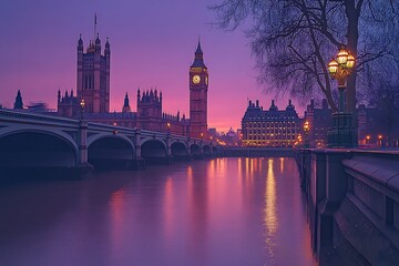 Naklejka premium Evening view of big ben and westminster palace reflected in the thames river