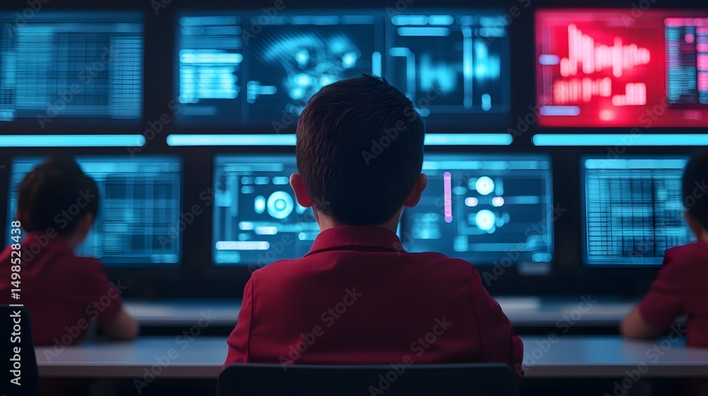 Poster students using futuristic screens in a high-tech classroom