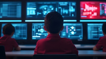 Students using futuristic screens in a high-tech classroom