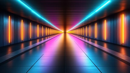 Fototapeta premium Neon tunnel, futuristic corridor, glowing lights, empty space