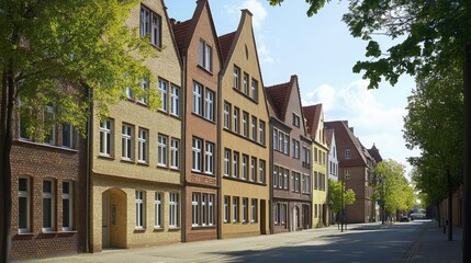 Fototapeta premium Charming Street in German Town, Historic Architecture, Gable Roofs, and Lush Greenery.