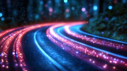 Fototapeta premium Night road curves through glowing forest
