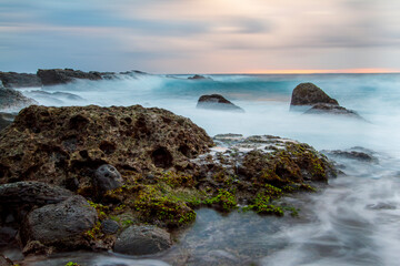 Sea waves breaking on the rocks, rocky beach, Yeliu landform park, Taidong, China