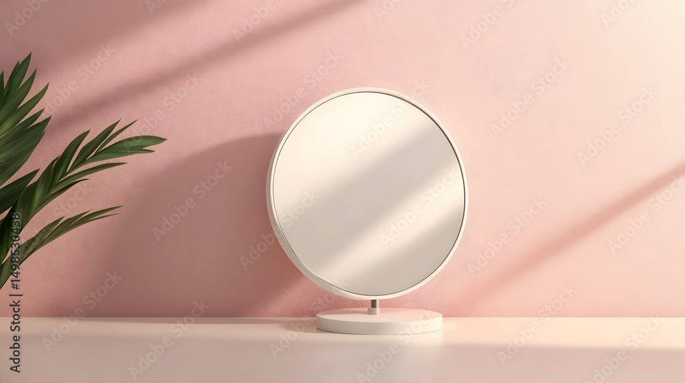 Poster minimalist round mirror on a white surface with soft shadow
