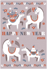 2026年　午年年賀状イラスト（馬の親子と華やかなお正月)