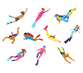 A dynamic illustration set of diving characters in various poses, equipped with snorkels, wetsuits, fins, and oxygen tanks for underwater activity themes, marine sports designs, and adventure visuals.