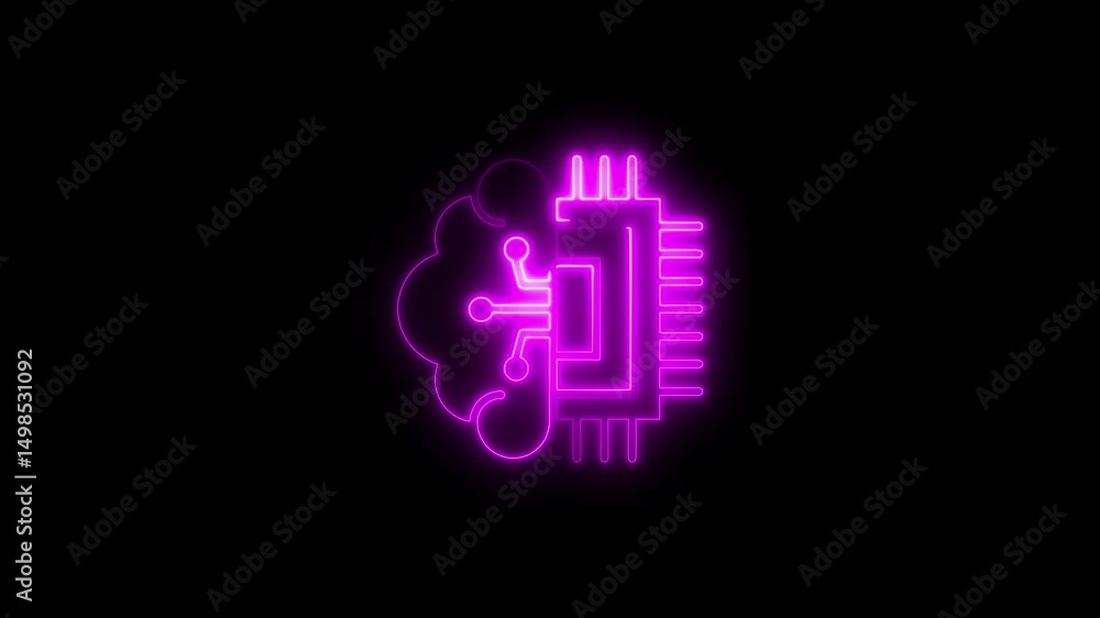 Poster neon artificial intelligence brain and microchip symbol on black background