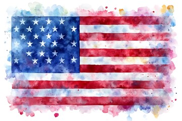 Watercolor illustration of the american flag with artistic splashes and patriotic colors