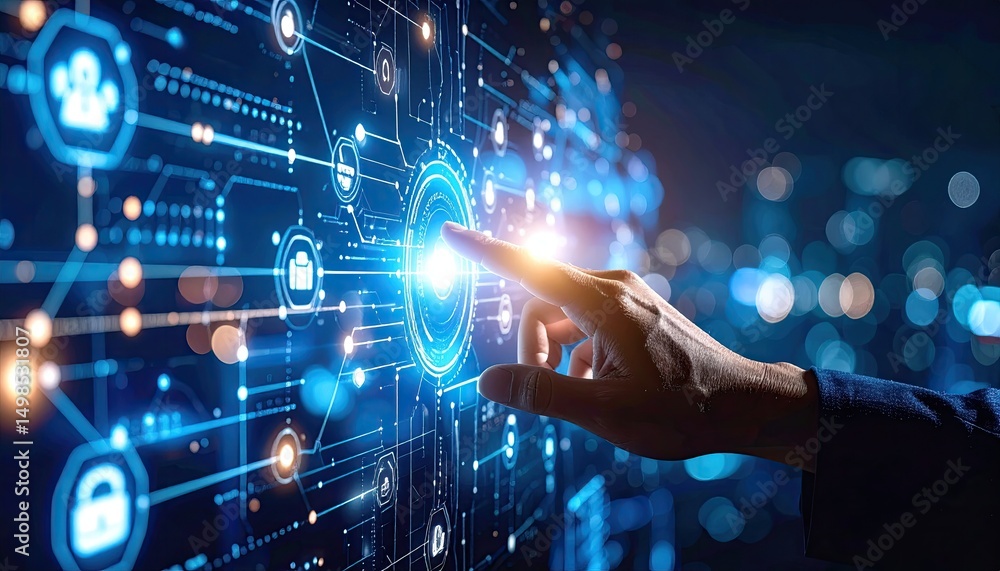 Poster close up of a hand interacting with digital interface and glowing network connections with selective