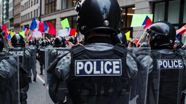 Police stand guard as diverse protesters march with colorful signs and flags