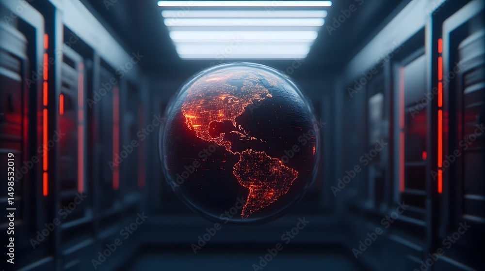 Poster futuristic global digital connection visualized in a mirrored interface