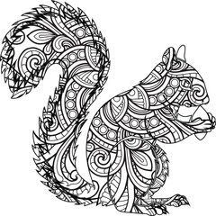 Intricate Zentangle Squirrel Illustration  A Detailed Line Art Design for Coloring Pages and Adult Coloring Books