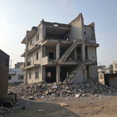 Abandoned building with unfinished structure, concrete debris scattered, urban decay highlighting potential redevelopment.