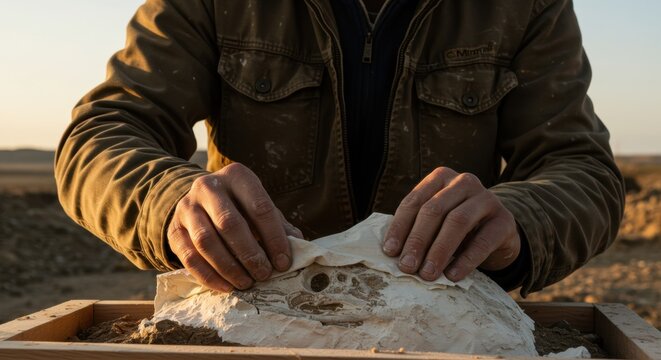 Man working to unearth ancient fossil. Paleontologist carefully extracts paleontological discovery from rock. Paleontology, science research.