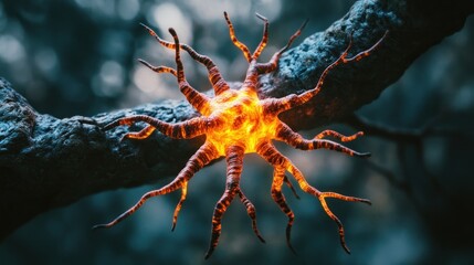 Glowing Neuron Cell Attaching to a Structure