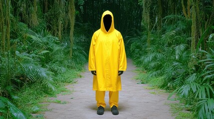 Person in a yellow raincoat standing on a path in a lush green forest. The figure is faceless and the overall mood is mysterious and somewhat ominous.