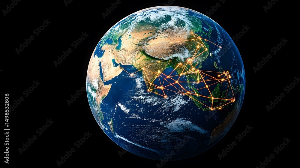 Aufkleber the image shows a 3d model of earth with glowing orange lines connecting various points, primarily c