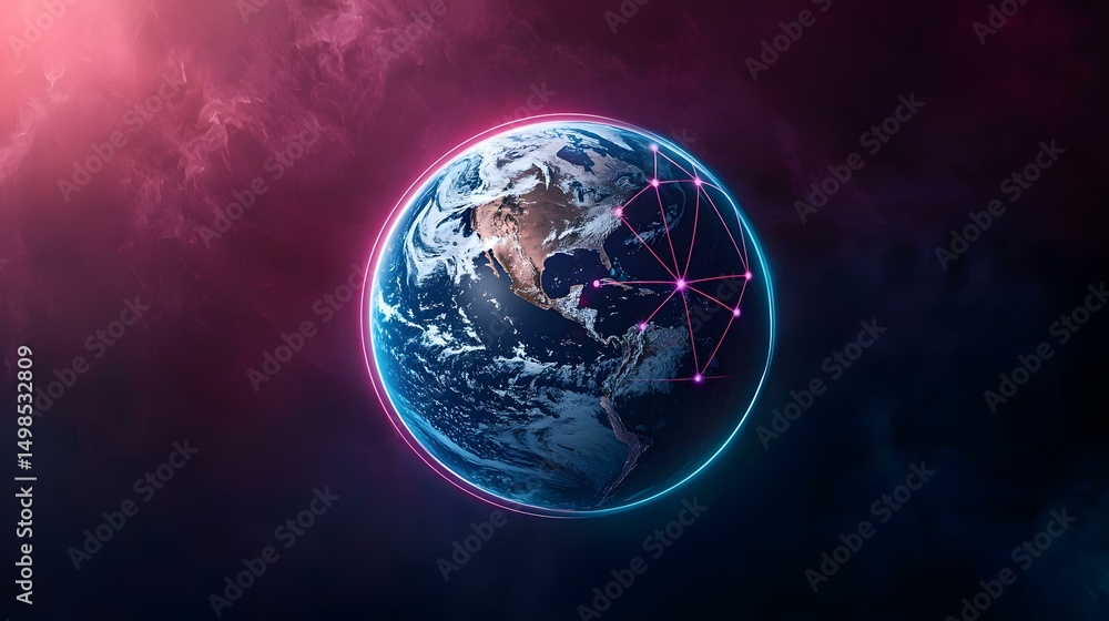 Poster the image shows a stylized depiction of planet earth, centered in the frame, encircled by a glowing 