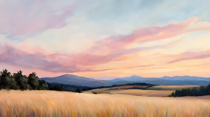 Fototapeta premium Impressionist landscape painting of a scenic countryside at sunset