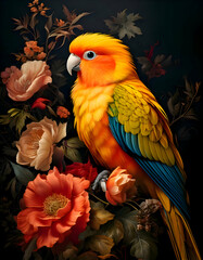 Fototapeta premium A vibrant parrot perched among colorful flowers, showcasing nature's beauty.