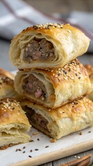 Stack of golden brown pastries filled with meat sits on a light colored wood board with small black and white seeds on top.