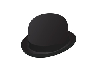 Vector fashion technical drawings of a bowler hat with 3/4 view. Dark gray color. Black ribbon detail. Felt fabric.