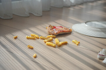 pizza slice and scattered fries dropped on the floor