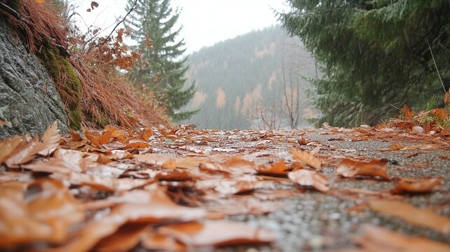 Autumn leaves covering a pathway through a misty mountain forest