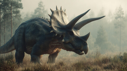 Fototapeta premium Majestic Triceratops Roaming Through Misty Forest Landscape at Dawn, Capturing Nature's Beauty