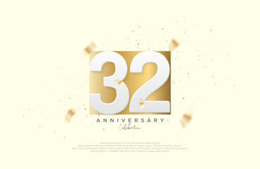 32nd anniversary celebration, with numbers on elegant gold paper. Premium vector for poster, banner, celebration greeting.