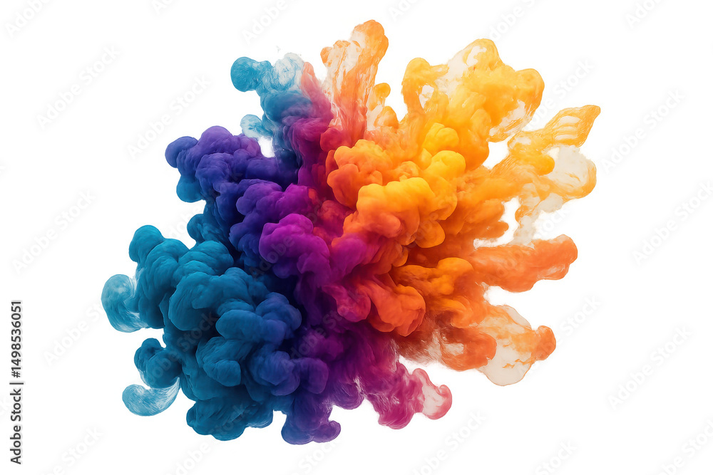 Poster multicolored ink cloud swirling and mixing, creating a vibrant explosion of color on a transparent b