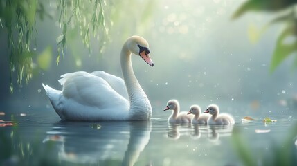 Swan Swimming with Cygnets in Tranquil Water with Dreamy Lighting