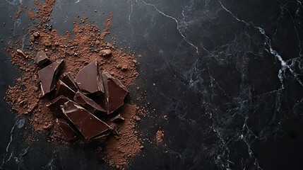 Dark Chocolate Chunks with Cocoa Powder on Dark Marble Background