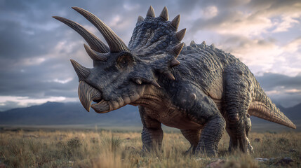 Fototapeta premium A realistic depiction of a triceratops in a vast, open landscape during sunset, showcasing its majestic presence
