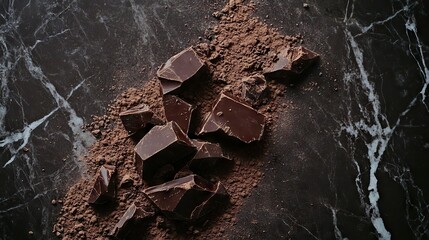Dark Chocolate Chunks with Cocoa Powder on Marble Surface Overhead Shot
