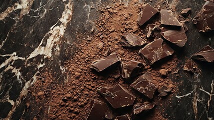 Delicious Dark Chocolate Pieces with Cocoa Powder on Marble Background