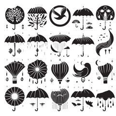 Black Color Umbrella Silhouette Vector Illustration, Solid White Background. minimal vector design