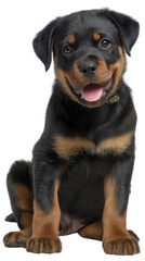 Playful Pup: A charming Rottweiler puppy, radiating pure joy, sits patiently, its expressive eyes and gentle smile tugging at the heartstrings, captivating with its irresistible charm.