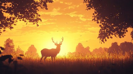 Deer Standing in Golden Field Silhouetted by Dramatic Sunset Landscape
