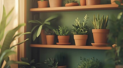 Potted plants displayed on a wooden shelf.